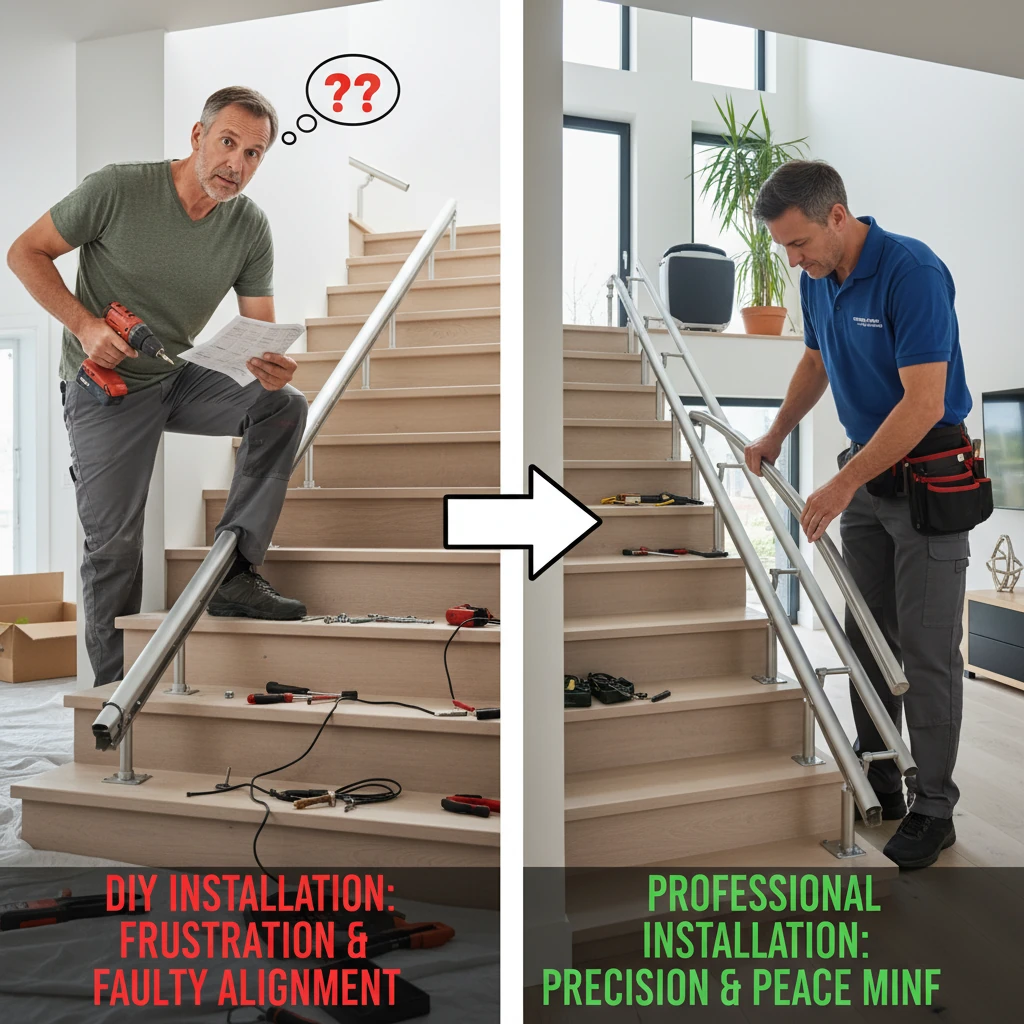 DIY vs professional stair lift installation comparison showing homeowner attempt and expert technician setup